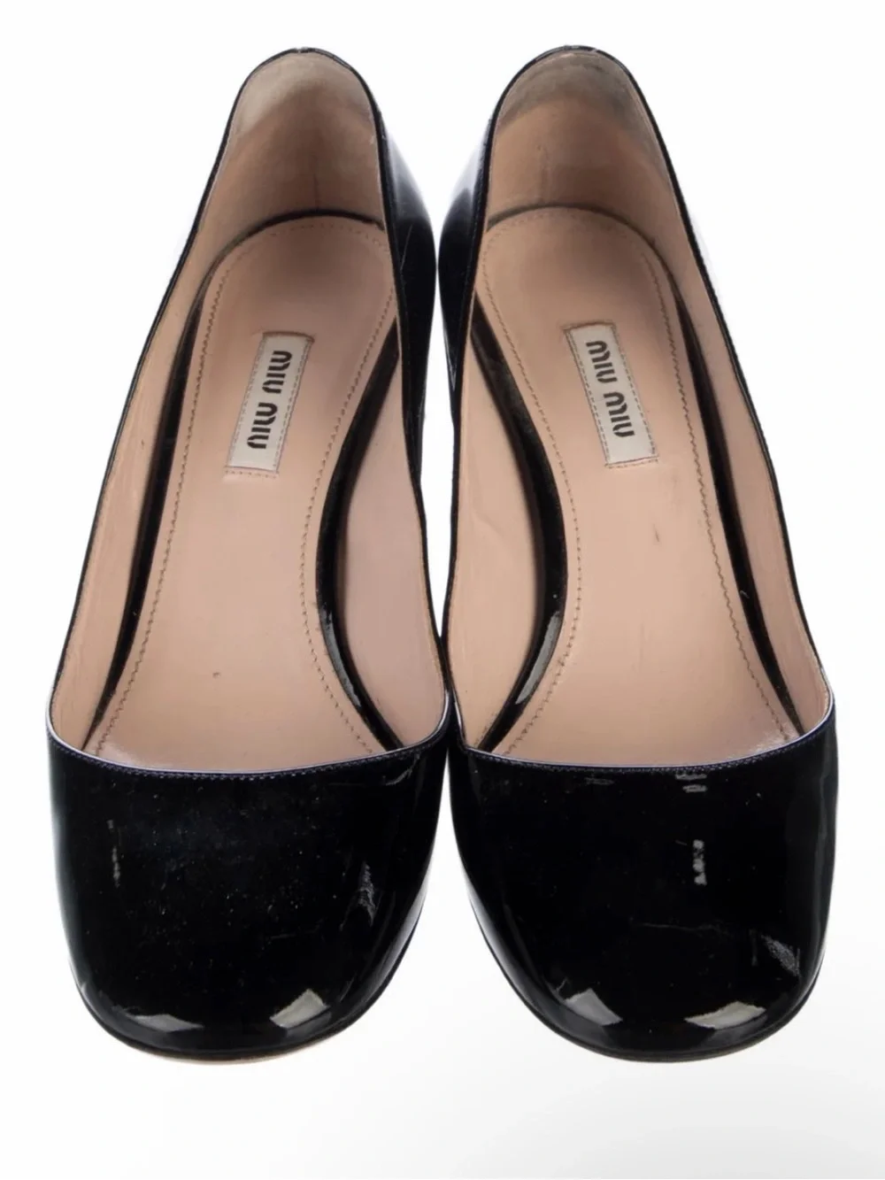 Miu Miu Black and White Patent Mid Heel Pumps with Gem Accent Sz 7.5